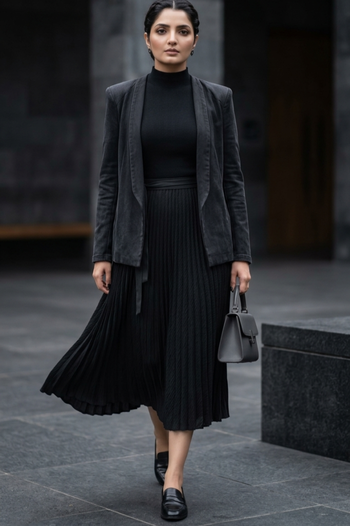 Black Blazer + Black Mock Neck Top + Black Pleated Midi Skirt + Black Loafers