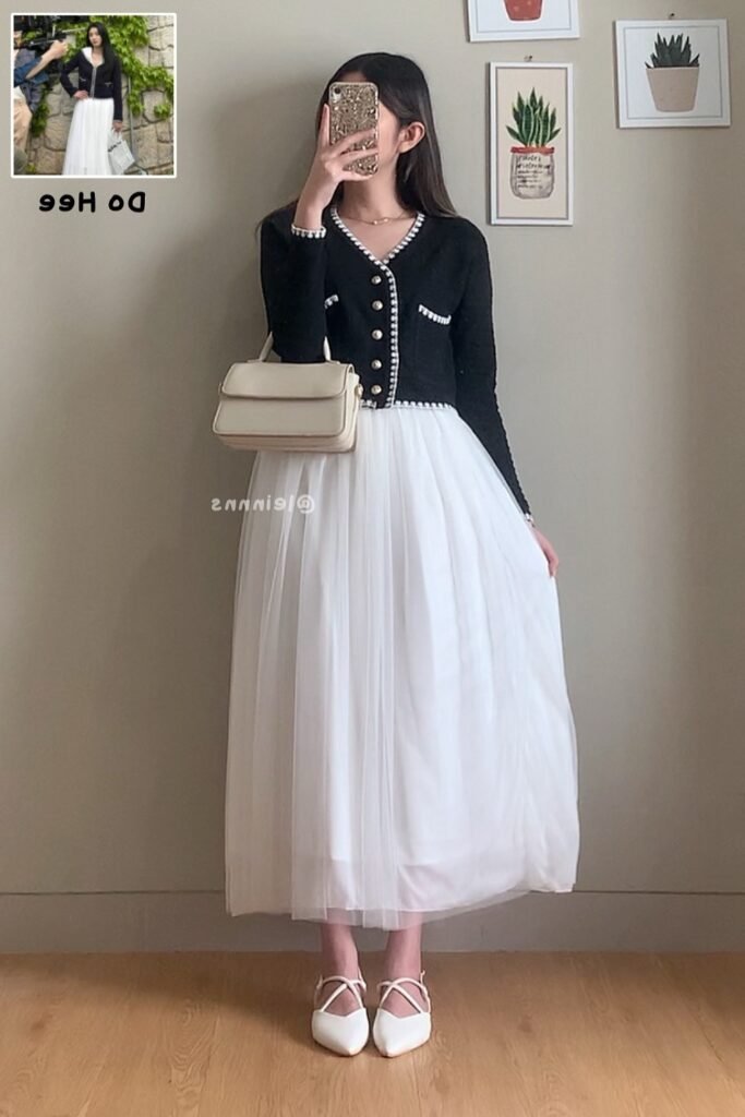 Black Cardigan + White Tulle Midi Skirt + White Handbag + White Flats