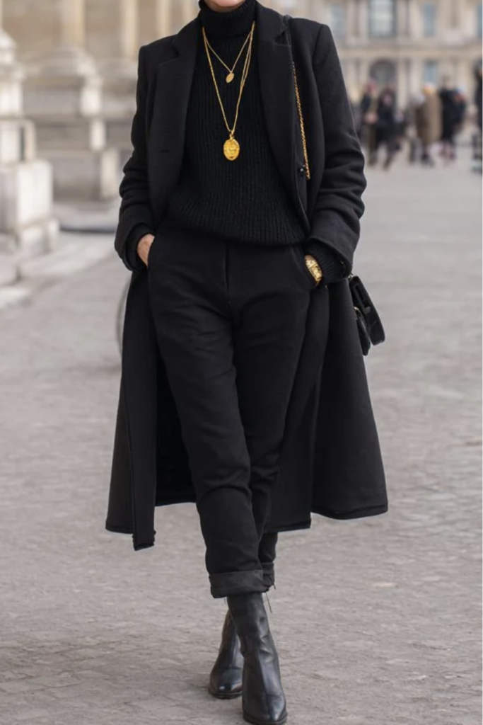 Black Coat + Black Turtleneck + Black Pants