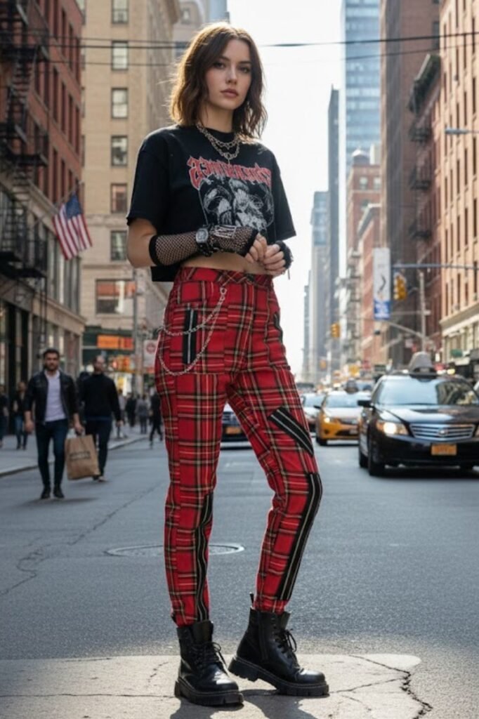 Black Cropped Graphic T Shirt + Red Plaid Pants + Fishnet Sleeve + Black Combat Boots
