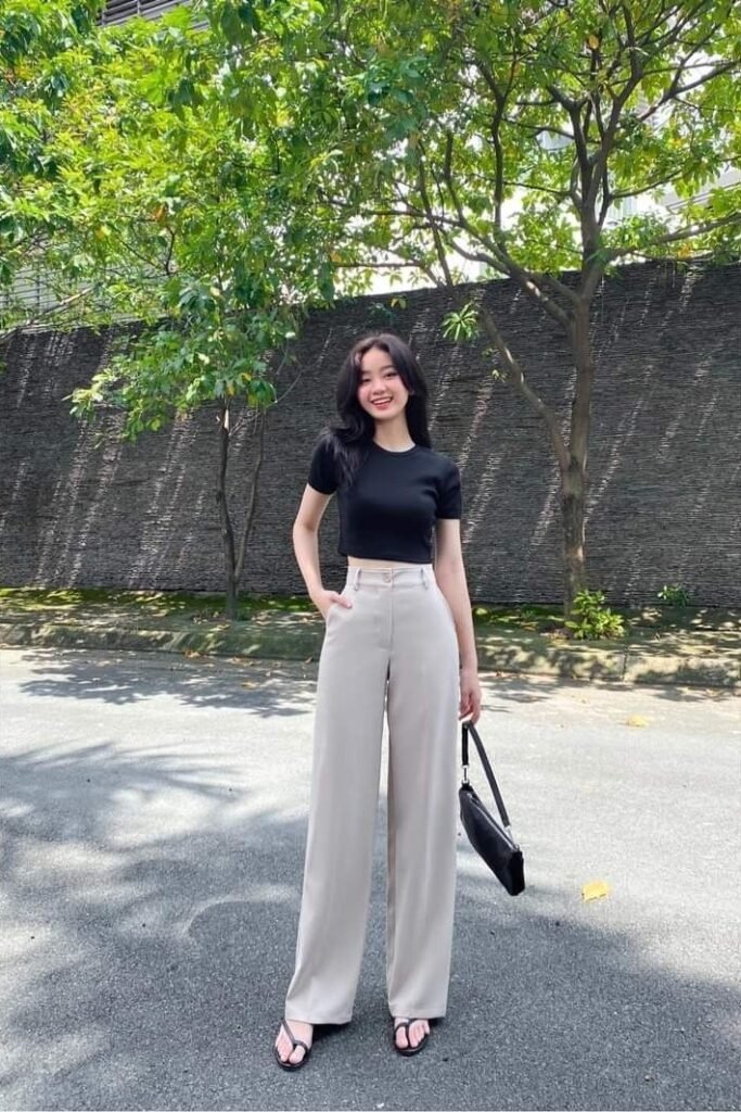 Black Cropped T Shirt + Beige Wide Leg Trousers + Black Thong Sandals