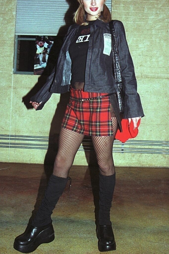 Black Denim Jacket + Black T Shirt + Plaid Mini Skirt + Fishnet Tights + Black Platform Boots