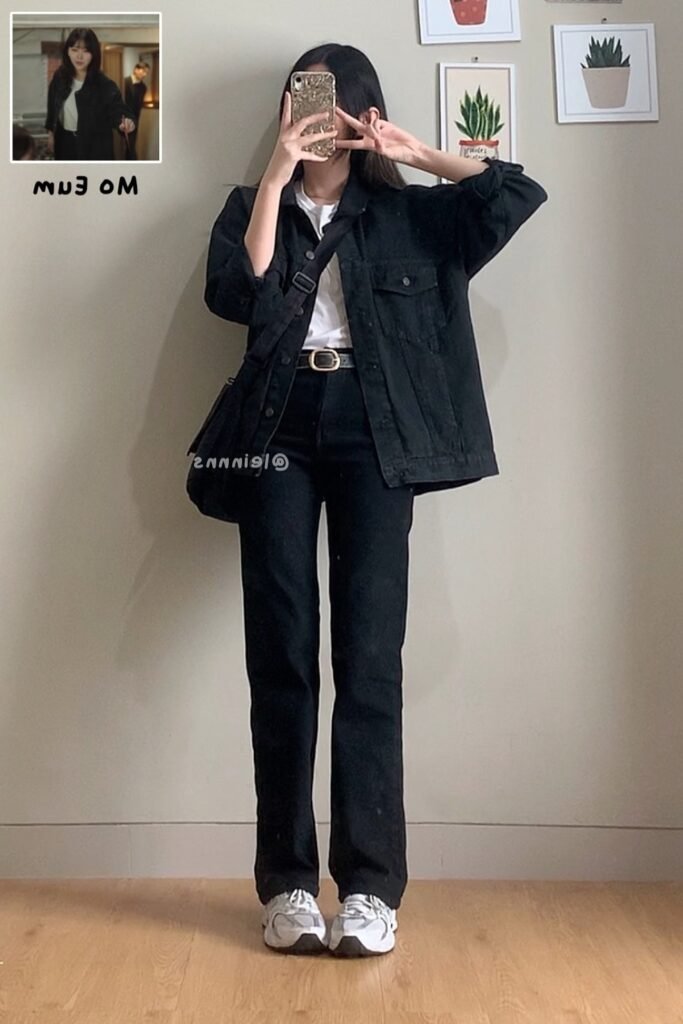 Black Denim Jacket + White T Shirt + Black Straight Leg Jeans + White Sneakers