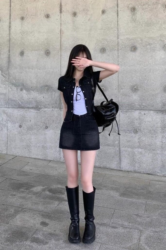 Black Denim Shirt + Black Denim Mini Skirt + Black Knee High Boots
