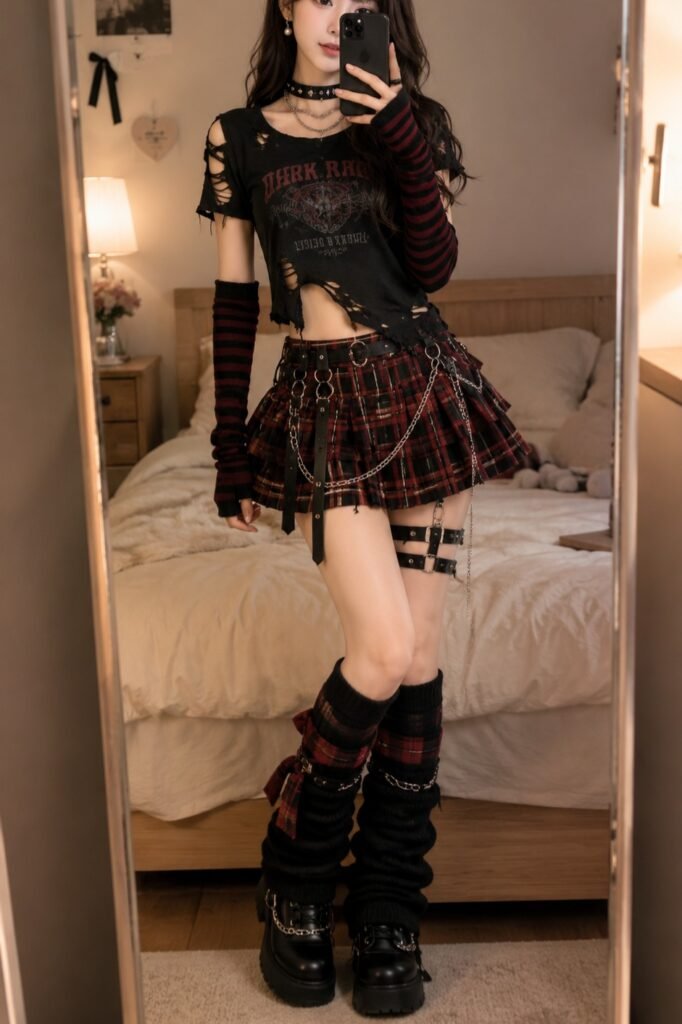 Black Distressed Graphic T Shirt + Plaid Pleated Mini Skirt + Black Platform Shoes