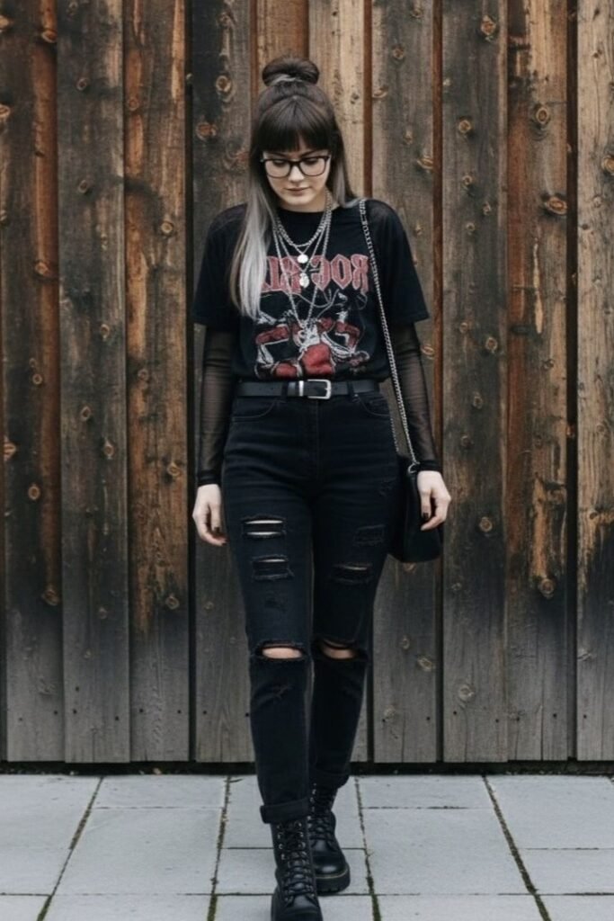 Black Graphic T Shirt + Black Mesh Long Sleeve Top + Ripped Black Jeans + Combat Boots