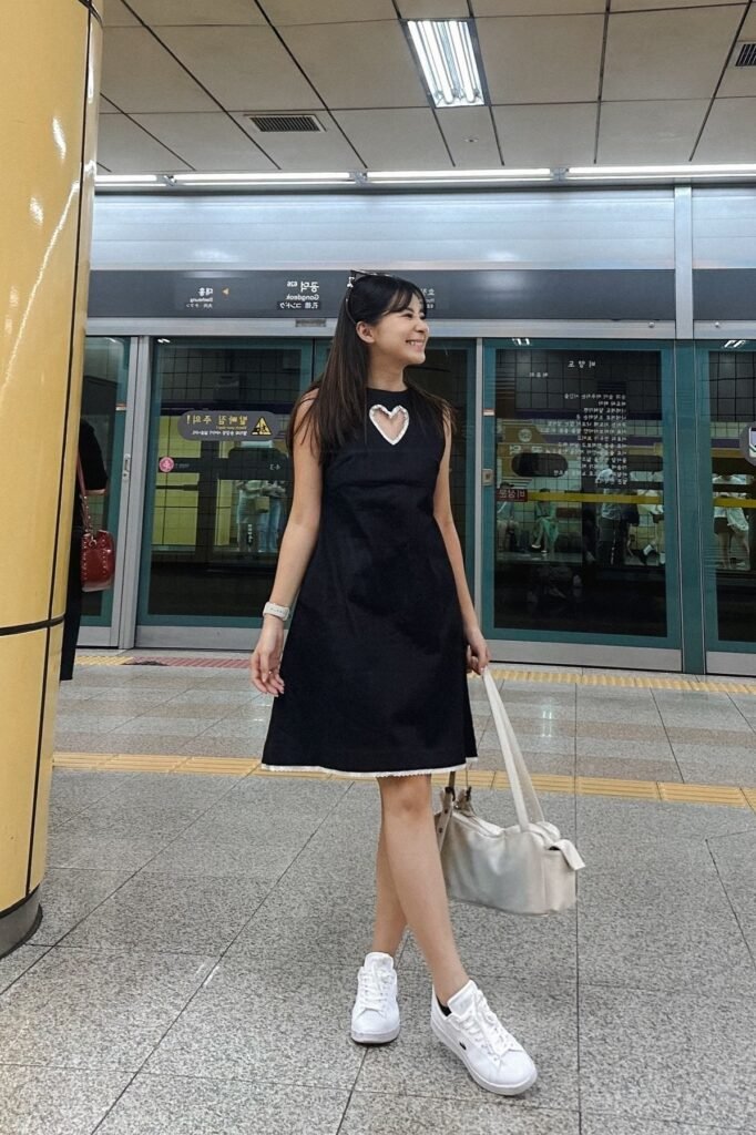 Black Heart Cutout Dress + White Shoulder Bag + White Sneakers