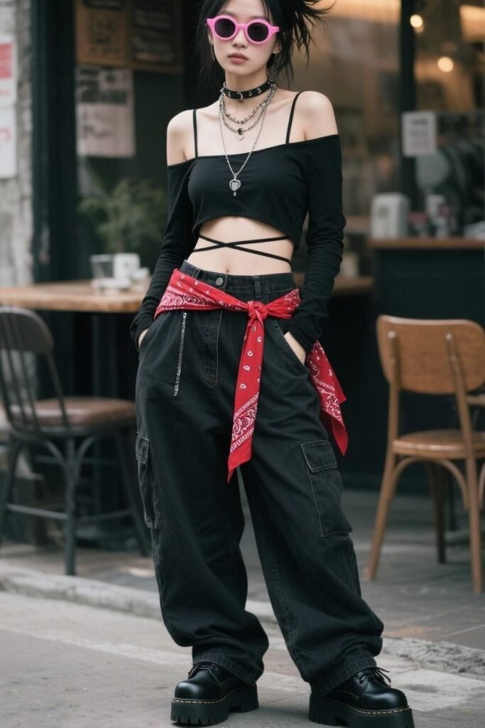 Black Off Shoulder Crop Top + Black Cargo Pants + Black Platform Shoes