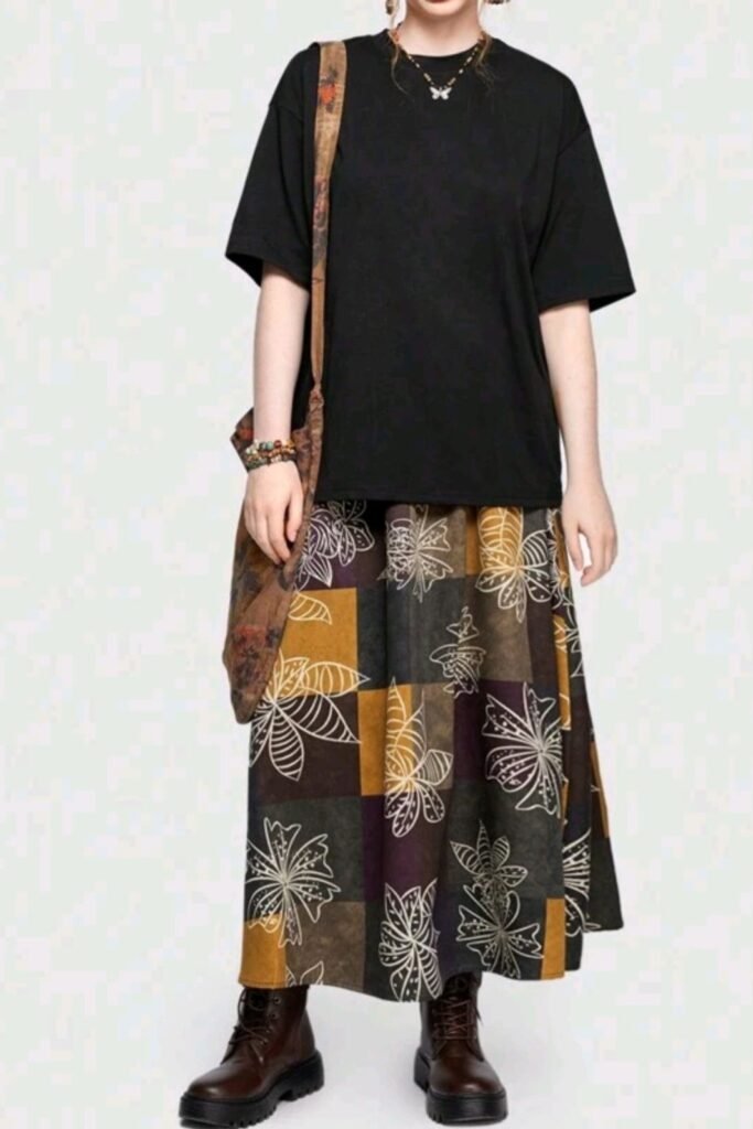 Black T Shirt + Patchwork Floral Maxi Skirt + Brown Ankle Boots