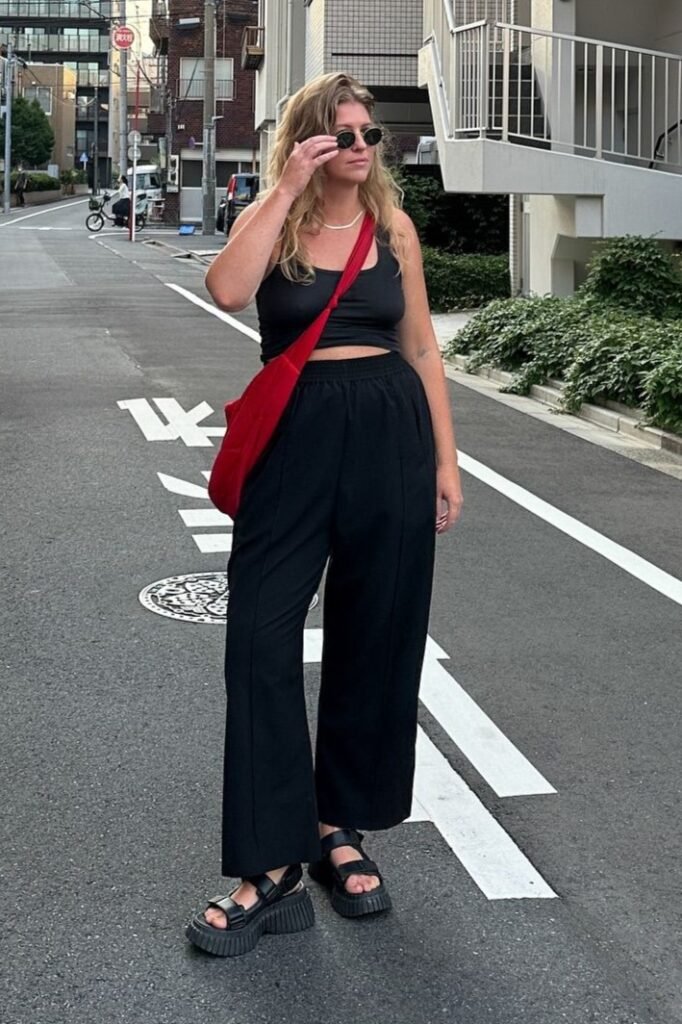 Black Tank Top + Black Trousers + Platform Sandals