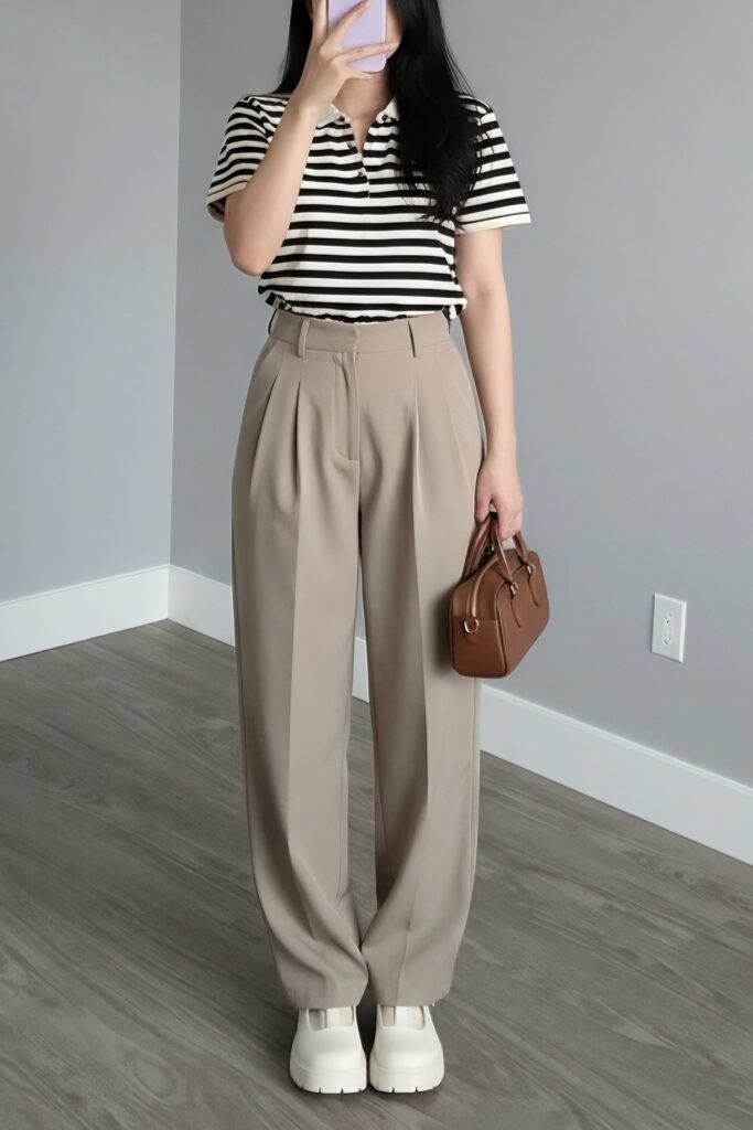 Black and White Striped Polo Shirt + Beige Pleated Trousers + White Platform Shoes