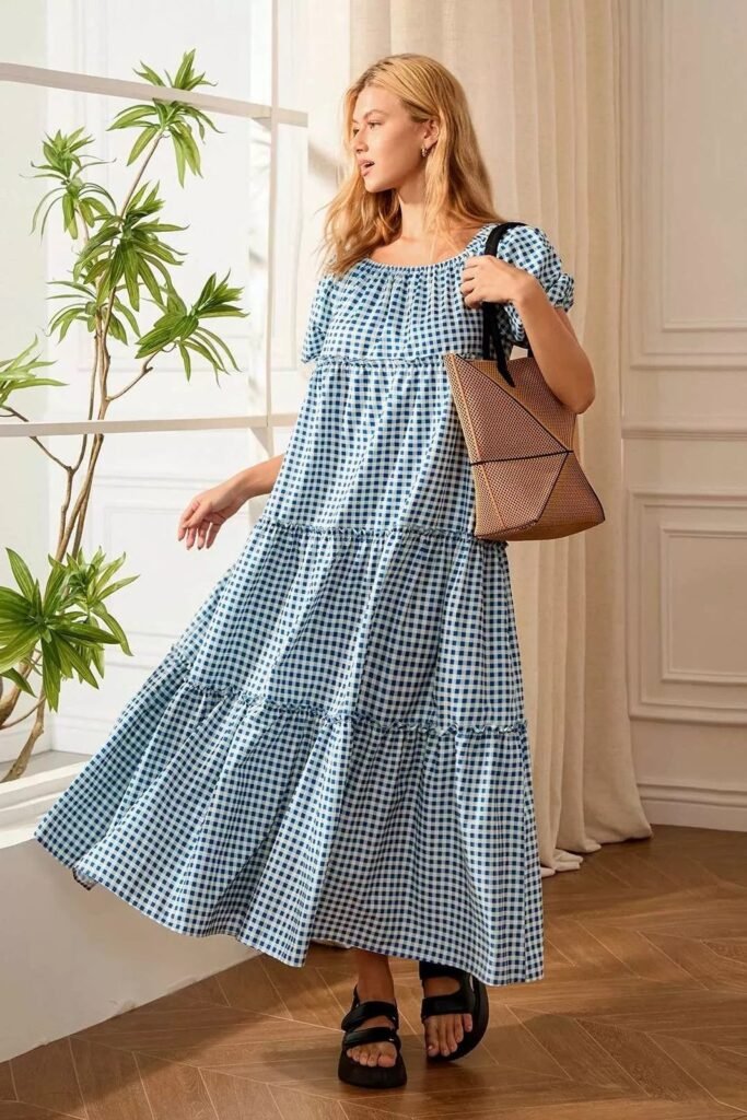 Blue Gingham Dress + Straw Tote Bag + Black Sandals