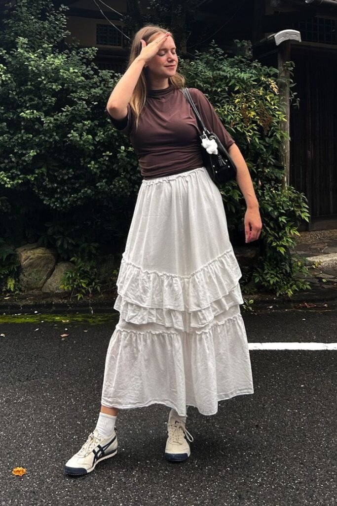 Brown Mock Neck Top + White Tiered Maxi Skirt + White Sneakers