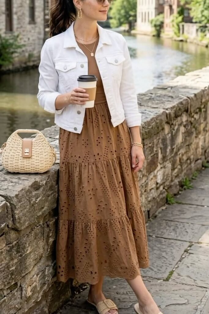 Brown Sleeveless Top + White Denim Jacket + Brown Eyelet Tiered Skirt + Straw Bag + Tan Sandals