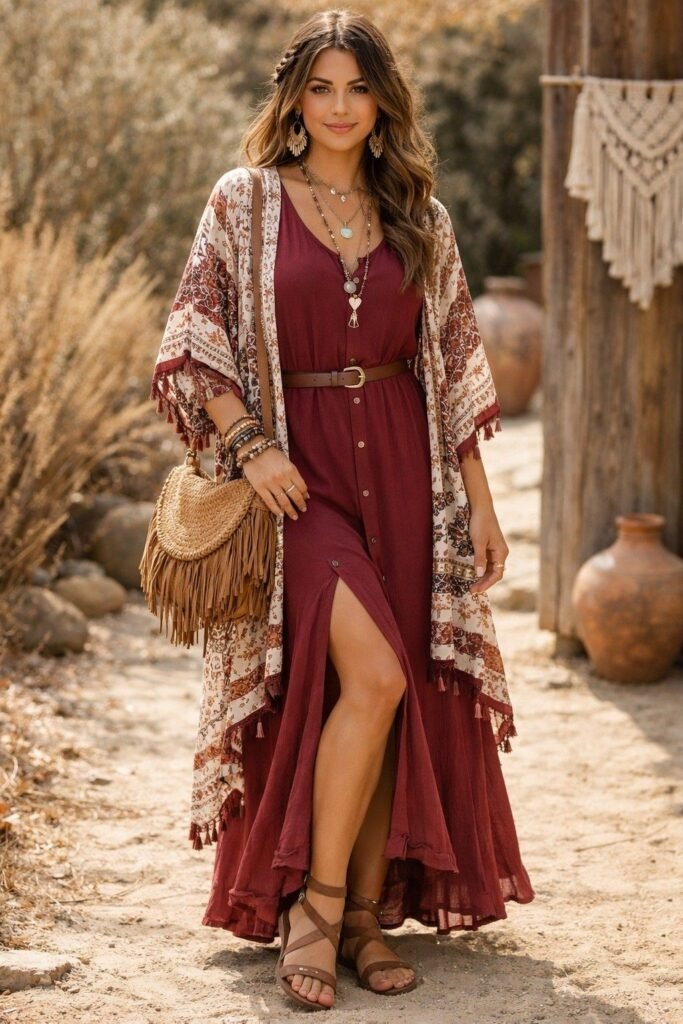 Burgundy Maxi Dress + Patterned Kimono + Fringe Crossbody Bag
