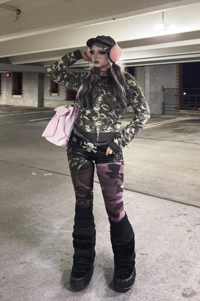 Camouflage Zip Up Hoodie + Black Leather Shorts + Camo Pattern Leggings + Platform Snow Boots