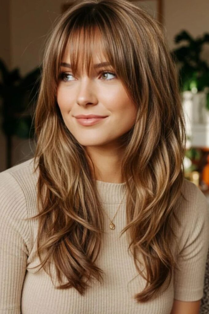 39. Caramel Blonde Shag with Feathered Bangs