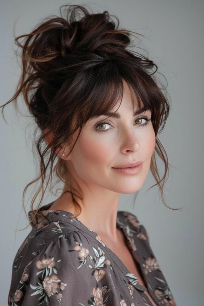 Chic Brunette Updo with Voluminous Bangs and Face-Framing Pieces