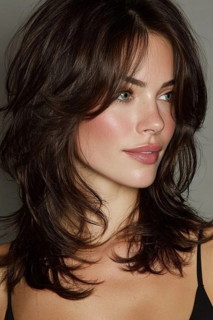 42. Choppy Layered Cut with Face-Framing Curtain Bangs