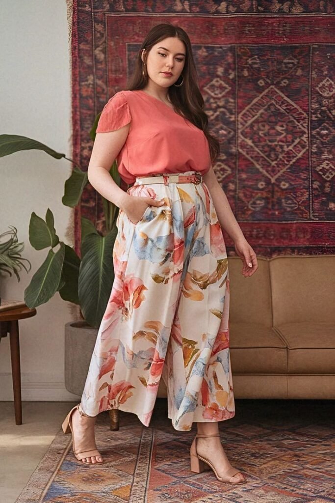 Coral Flutter Sleeve Top + Floral Wide Leg Culottes + Nude Heeled Sandals