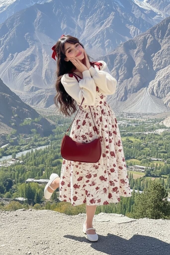 Cream Cardigan + Floral Print Dress + White Mary Jane Shoes