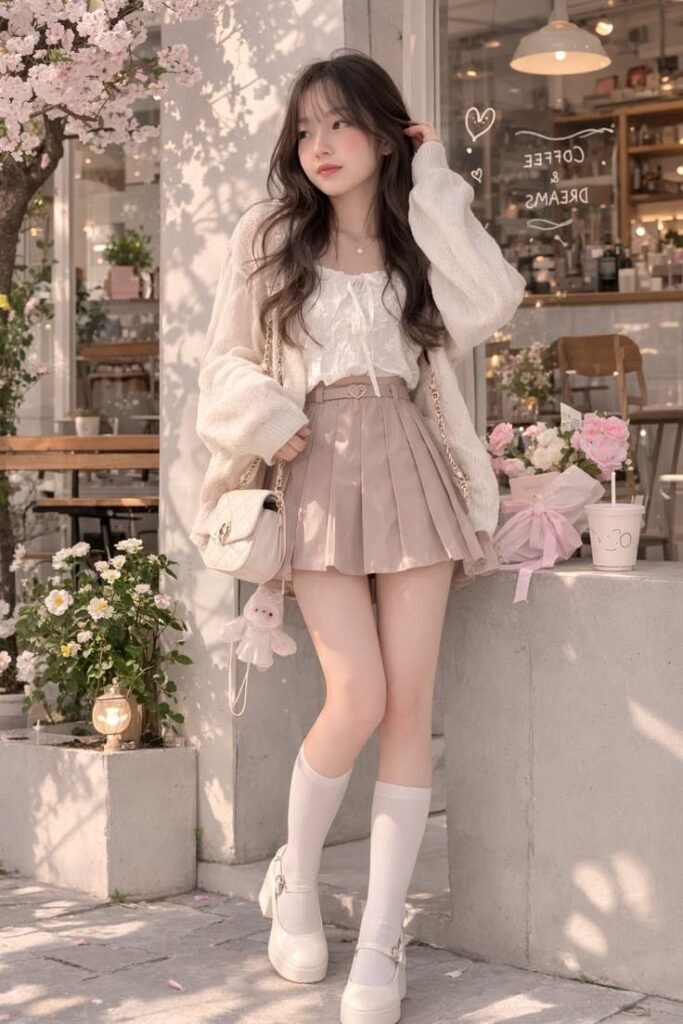  Cream Cardigan + White Blouse + Beige Pleated Mini Skirt + White Mary Janes