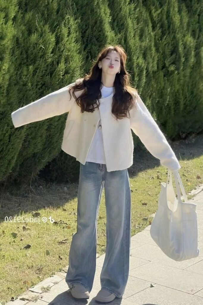 Cream Cardigan + White T Shirt + Blue Wide Leg Jeans