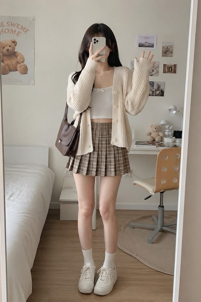 Cream Cardigan + White Tank Top + Brown Plaid Pleated Skirt + Brown Shoulder Bag