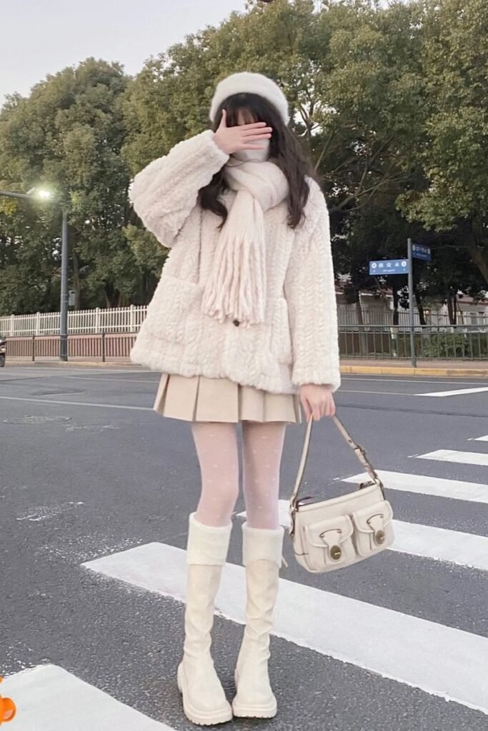 Cream Furry Jacket + Beige Pleated Skirt + White Tights + Tall Cream Boots