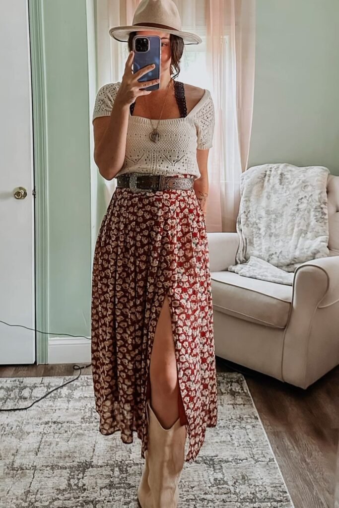 Cream Knit Top + Red Floral Slit Maxi Skirt + Cowboy Hat + Cowboy Boots