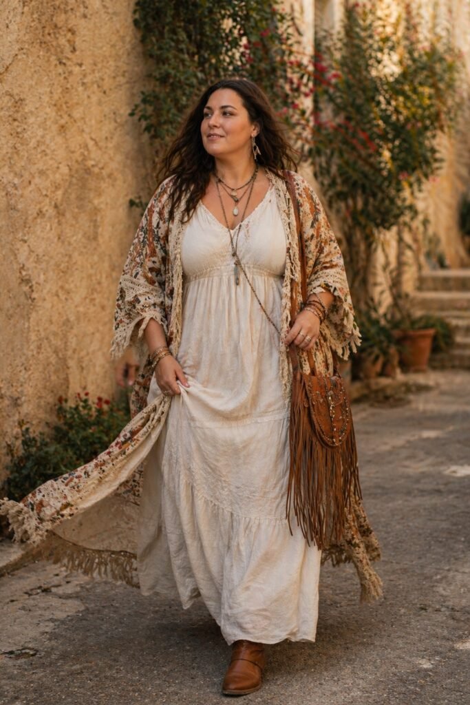 Cream Maxi Dress + Floral Print Kimono + Fringed Brown Crossbody Bag + Brown Ankle Boots