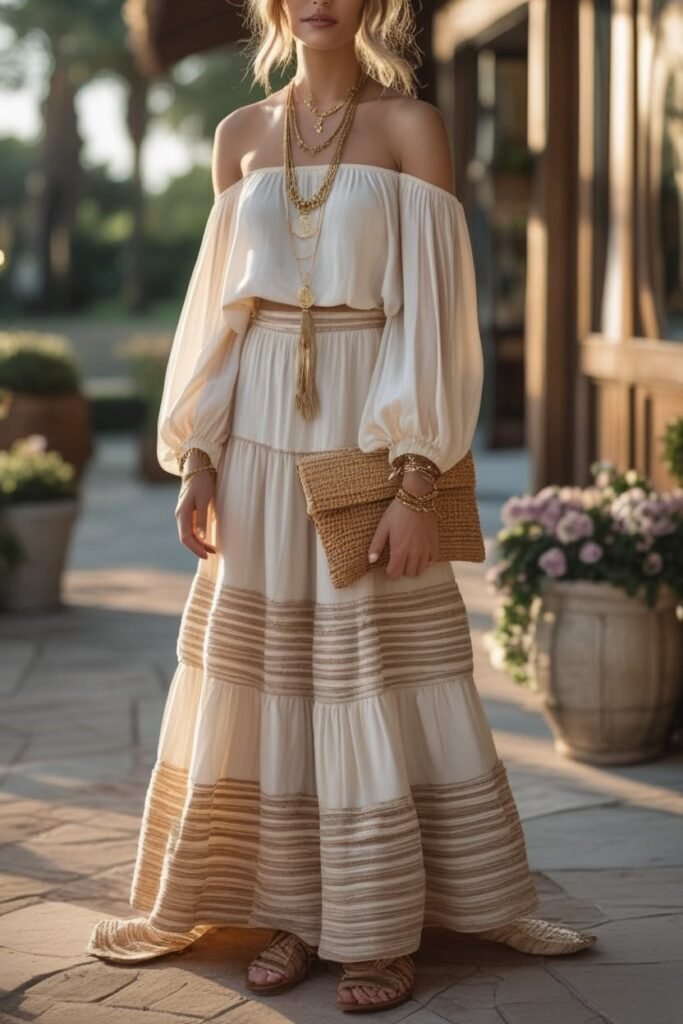 Cream Off The Shoulder Top + Cream Tiered Maxi Skirt + Straw Clutch + Tan Sandals