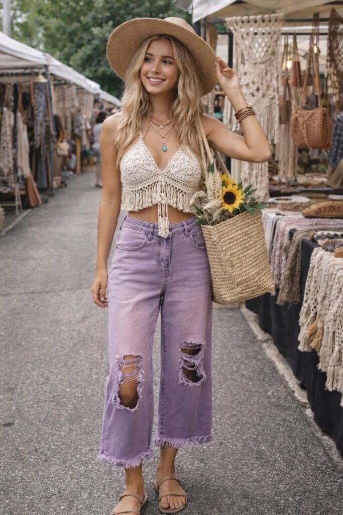 Crochet Crop Top + Distressed Purple Jeans + Sandals