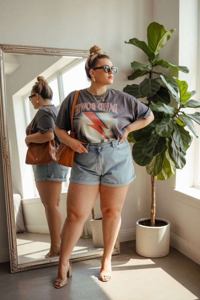 Dark Graphic T Shirt + Light Wash Denim Shorts + Tan Heeled Sandals