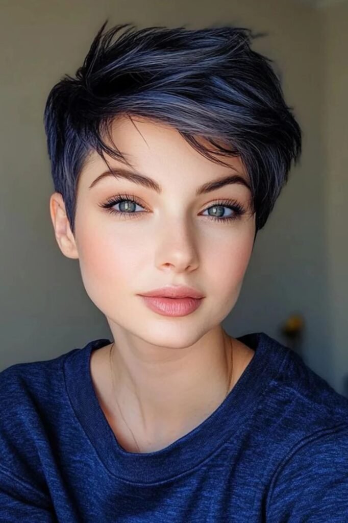 33. Deep Blue Choppy Pixie Cut
