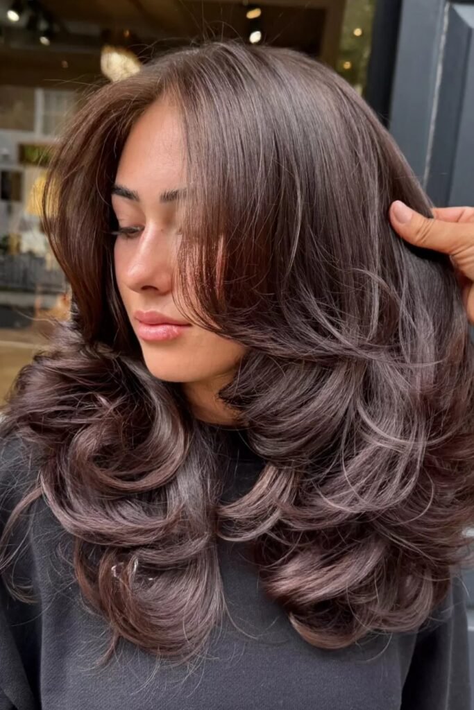 Deep Brunette Blowout with Cascading Layers