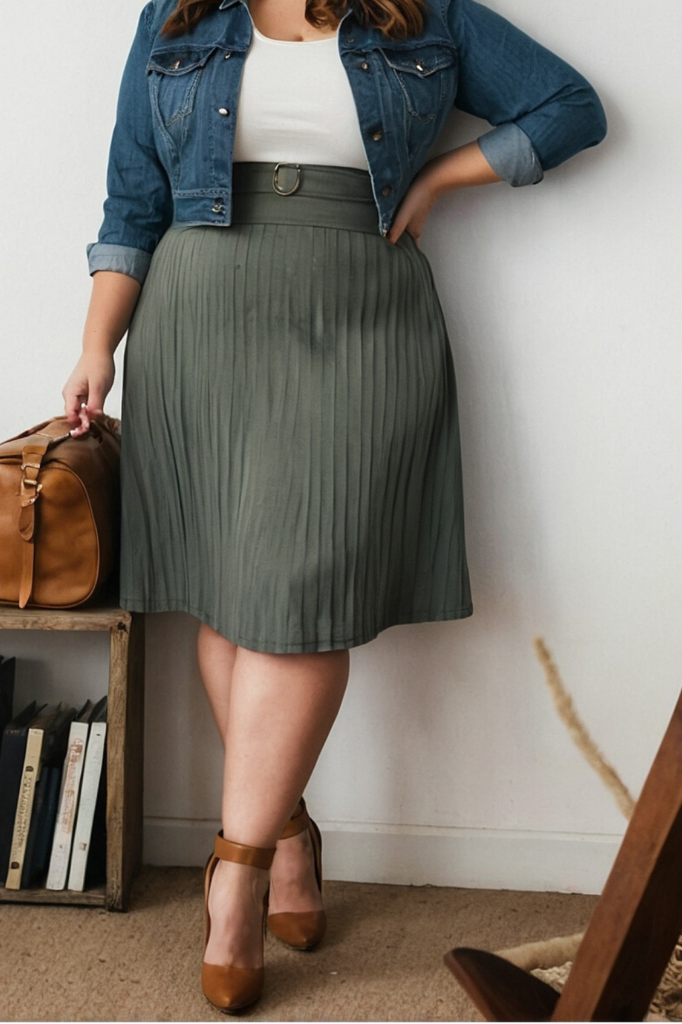 Denim Jacket + White Top + Olive Pleated Skirt + Brown Ankle Strap Heels