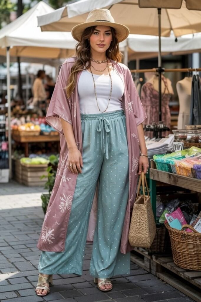 Dusty Pink Kimono + White Tank Top + Light Blue Polka Dot Wide Leg Pants + Straw Fedora