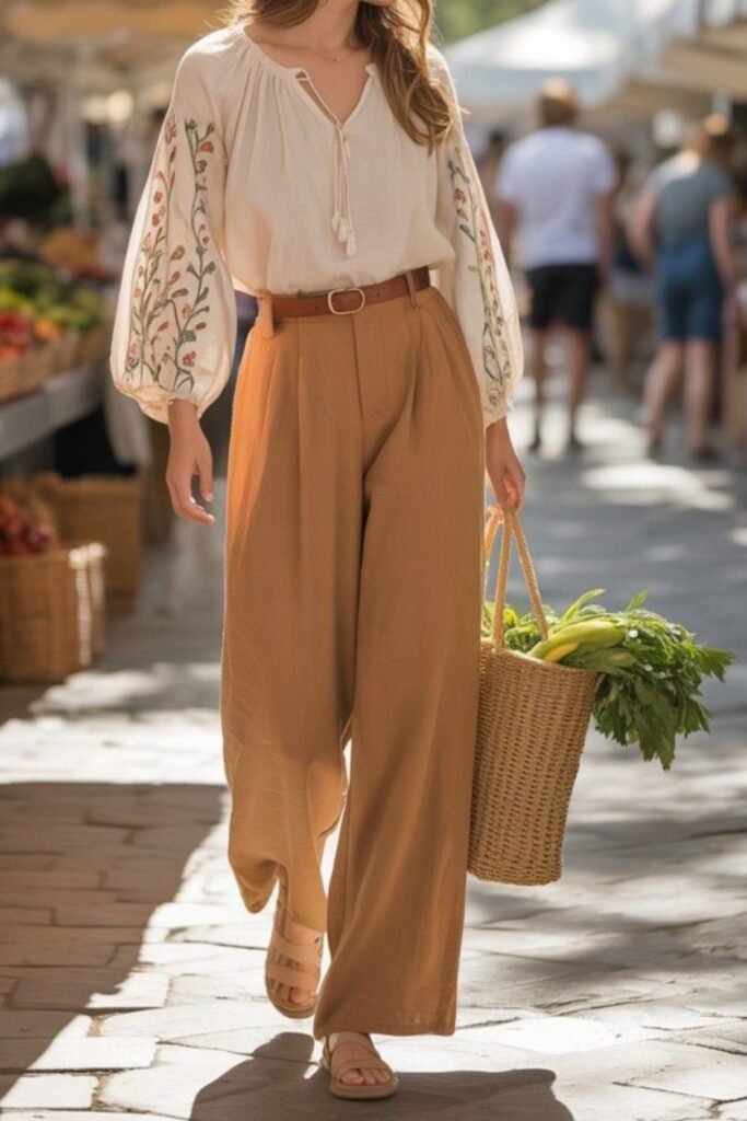 Embroidered Blouse + Tan Wide Leg Trousers + Leather Belt + Straw Tote Bag