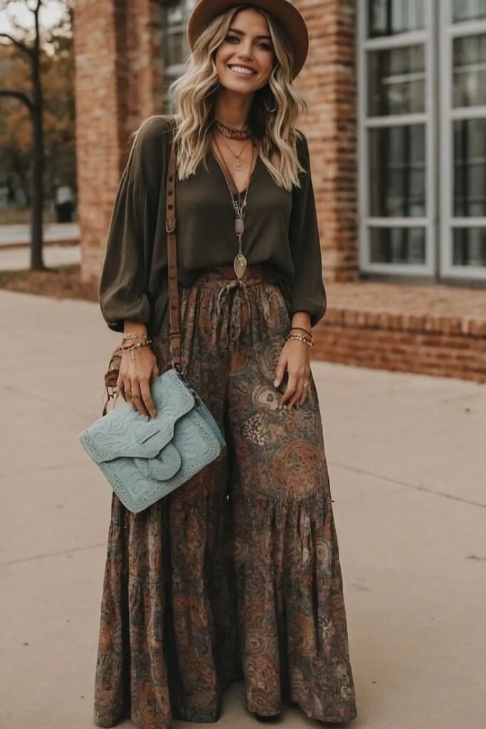 Fedora Hat + Olive Blouse + Patterned Maxi Skirt + Leather Crossbody Bag