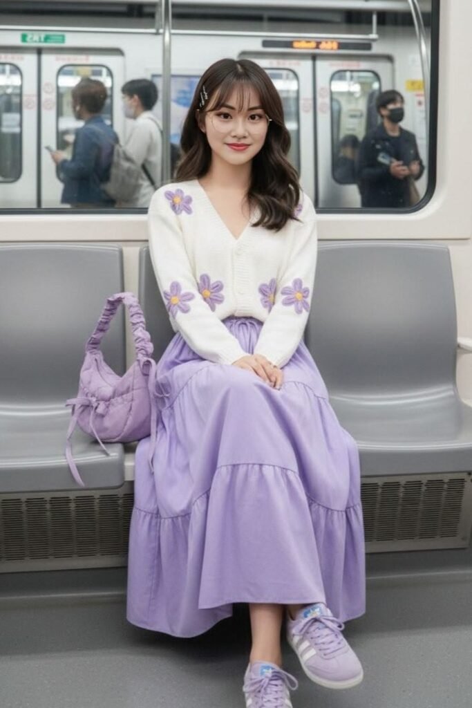 Floral Cardigan + Lavender Tiered Maxi Skirt + Purple Sneakers
