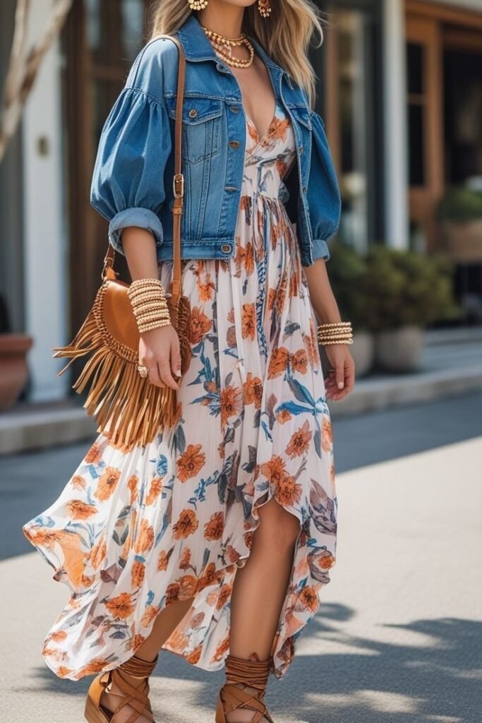 Floral High Low Dress + Denim Jacket + Fringed Bag + Lace Up Sandals