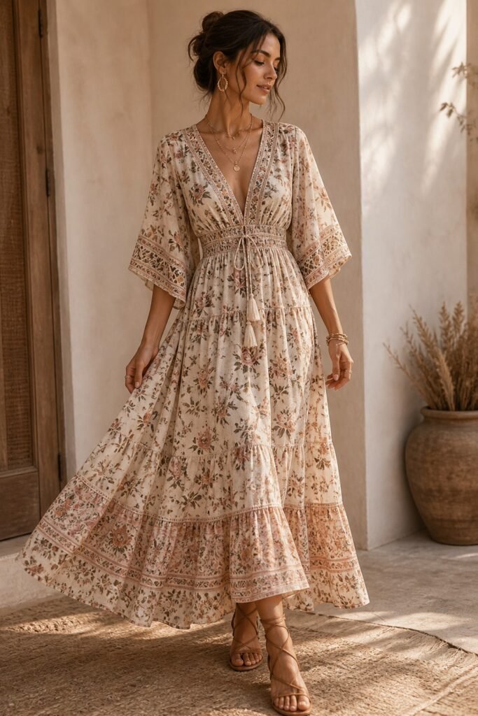 Floral Print Tiered Maxi Dress + Brown Strappy Sandals