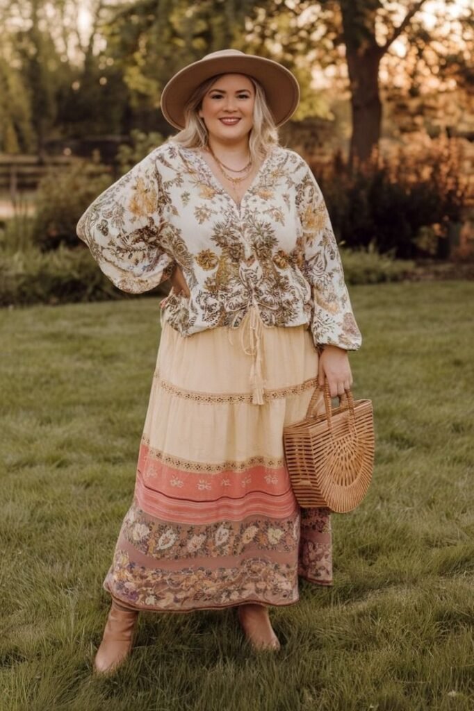 Floral V Neck Blouse + Tiered Maxi Skirt + Brown Ankle Boots