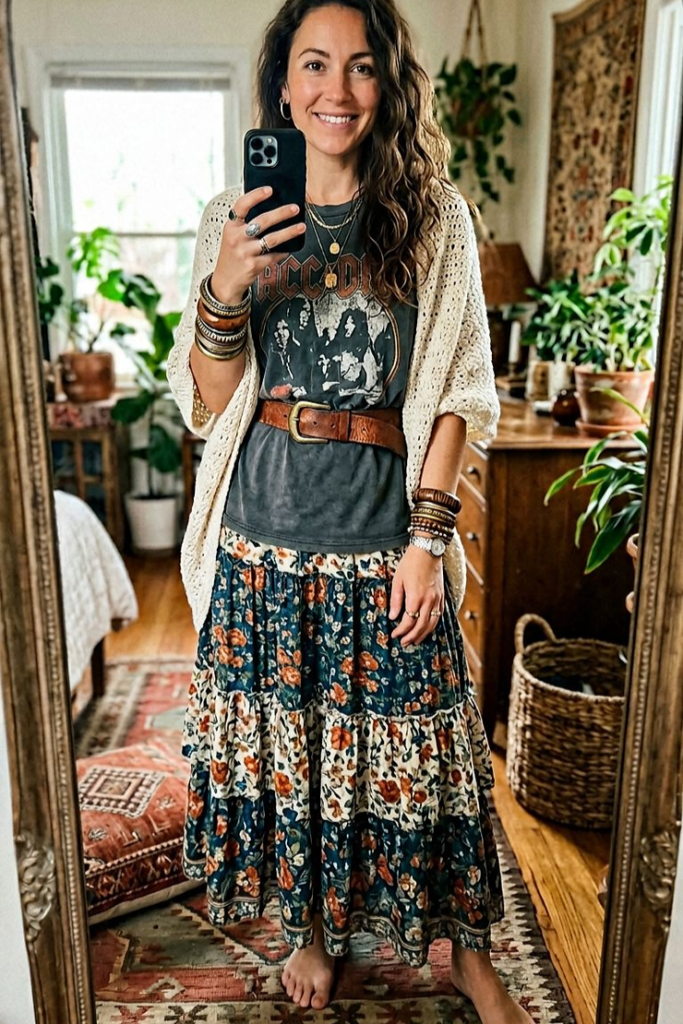 Graphic Band T Shirt + Floral Maxi Skirt + Cream Cardigan