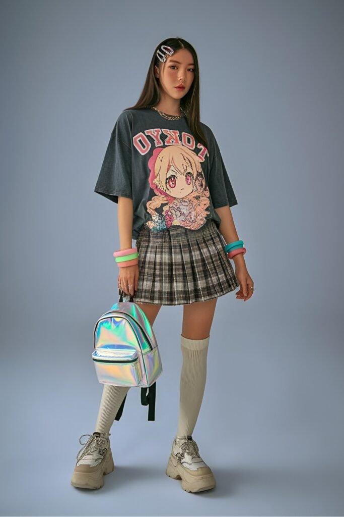 Graphic T Shirt + Plaid Pleated Skirt + Chunky Platform Sneakers