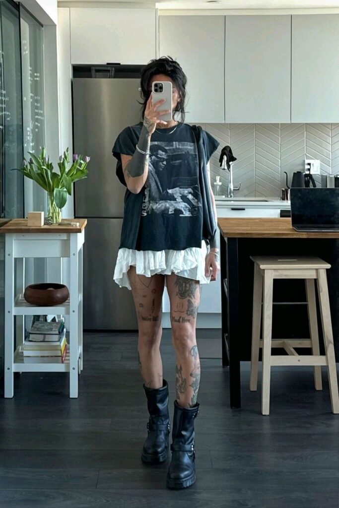Graphic T Shirt + White Ruffled Mini Skirt + Black Moto Boots