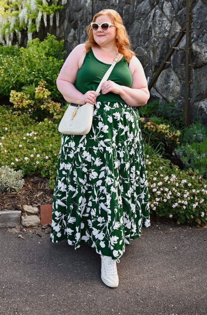 Green Tank Top + Green Floral Tiered Maxi Skirt + White Sneakers