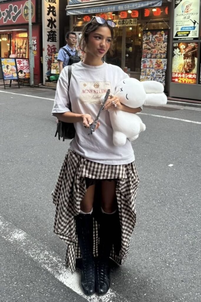 Grey Graphic T Shirt + Plaid Maxi Skirt + Black Lace Up Boots