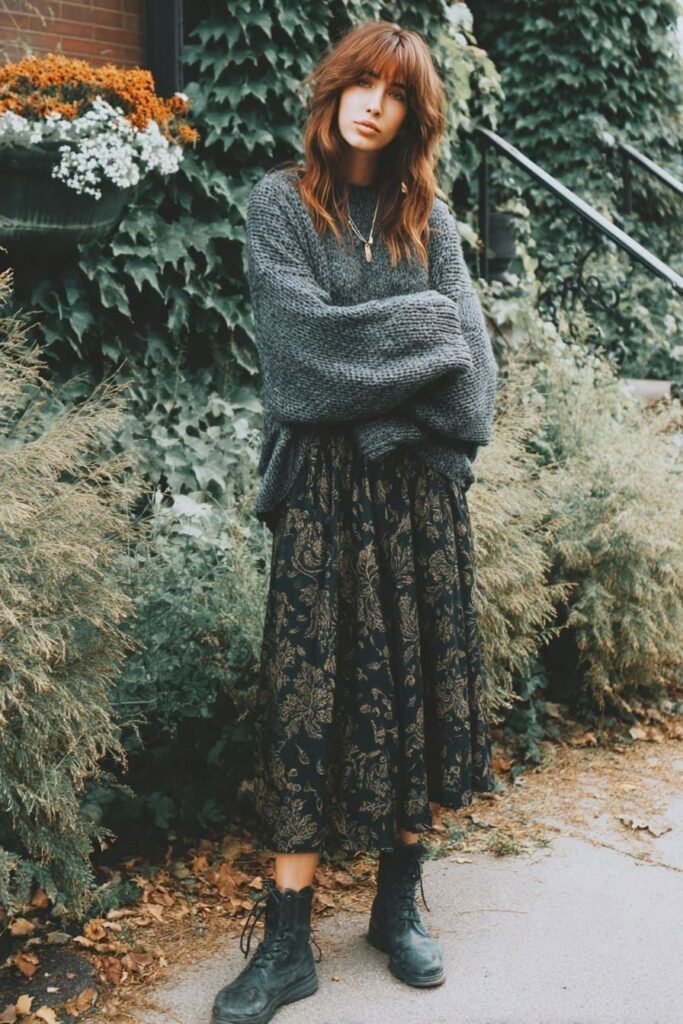 Grey Oversized Knit Sweater + Floral Print Midi Skirt + Black Lace Up Boots